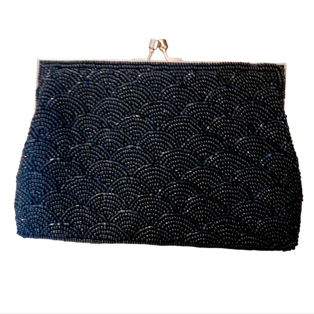 Vintage 60s Walborg Black Beaded Evening Bag Clutch